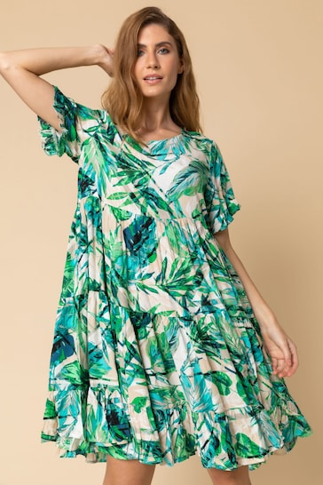 Roman Green Tropical Print Tiered Pocket Dress