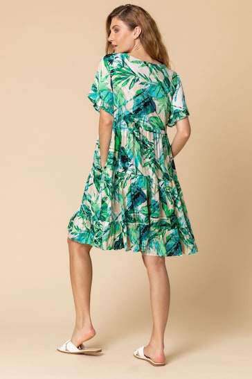 Roman Green Tropical Print Tiered Pocket Dress