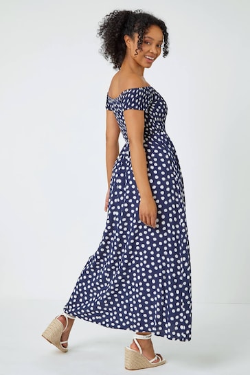 Roman Blue Petite Polka Dot Bardot Midi Dress