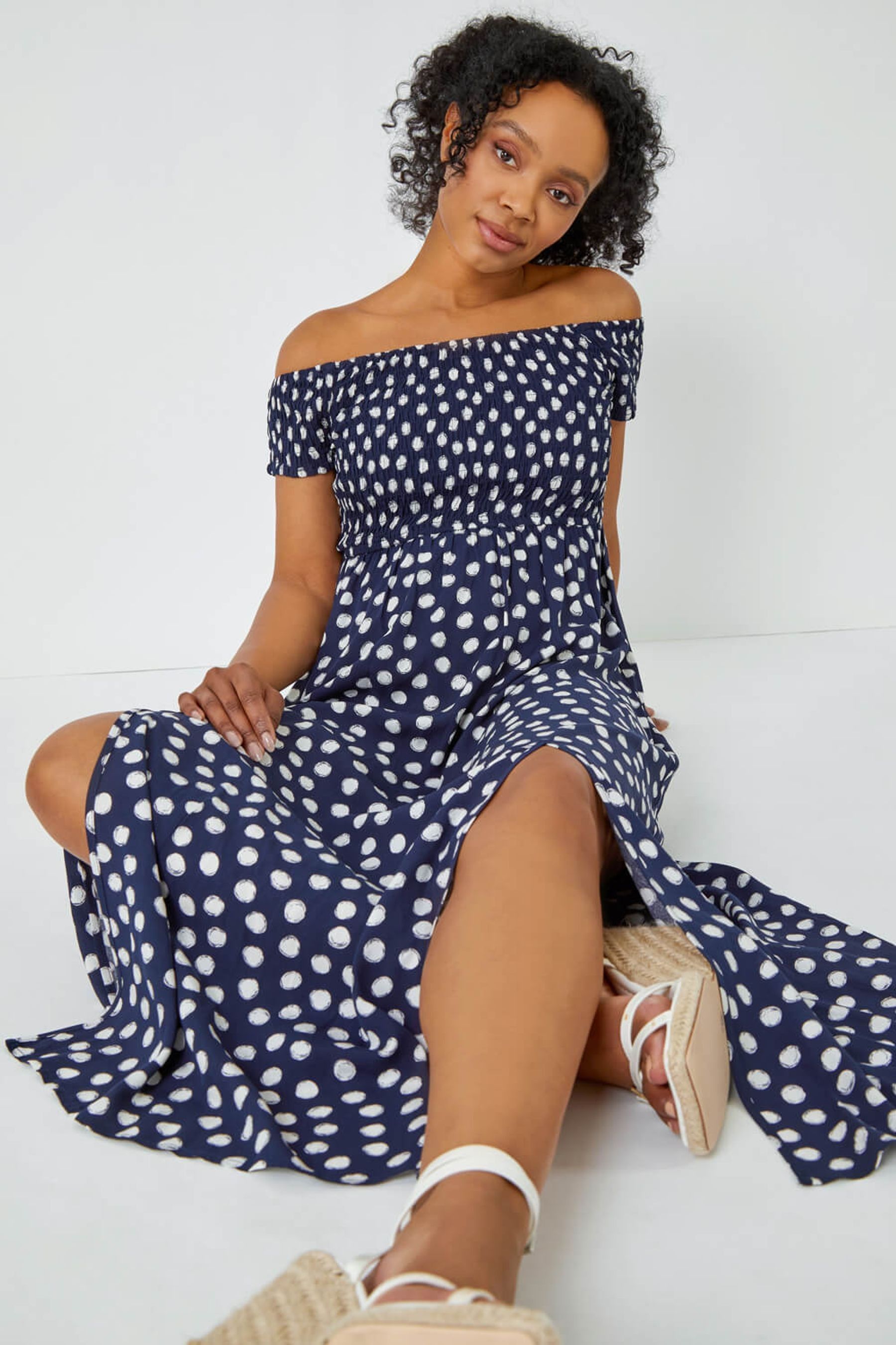 Polka dot bardot midi dress sales