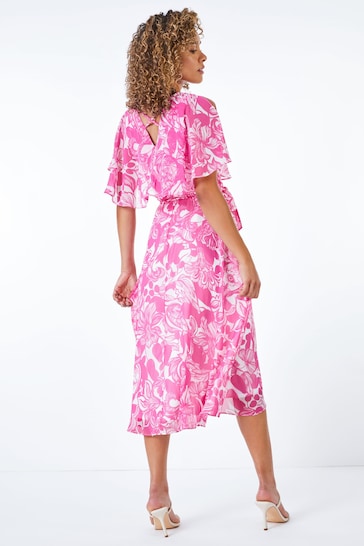 Roman Pink Petite Floral Print Cape Midi Dress