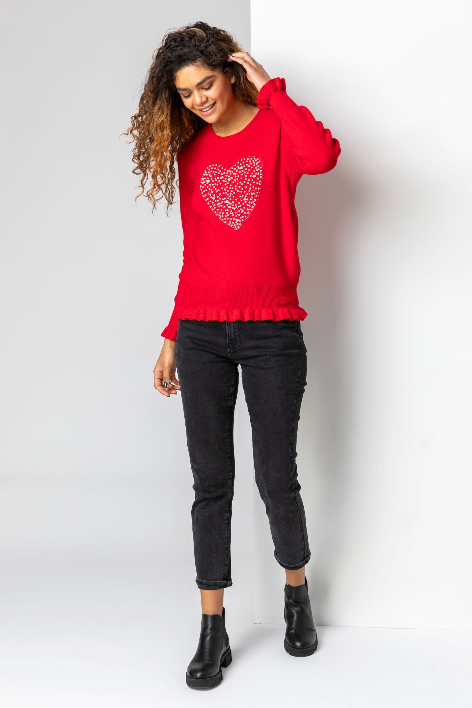 Red jumper with pearls best sale