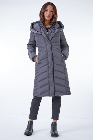 Roman Grey Hooded Chevron Quilted Coat