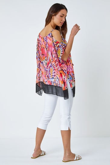 Roman Pink Butterfly Contrast Cold Shoulder Top