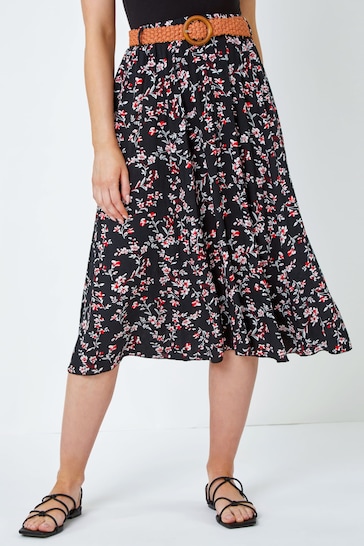 Roman Black Dark Floral Print Belted Midi Skirt