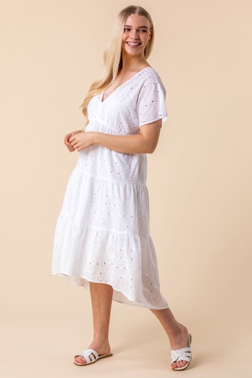 Roman White Broderie Tiered Smock Dress