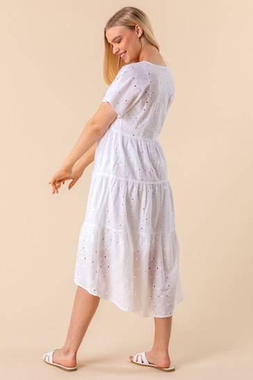 Roman White Broderie Tiered Smock Dress