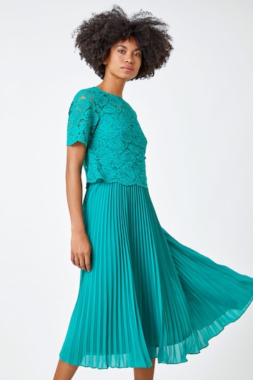 Roman Green Lace Top Overlay Pleated Midi Dress