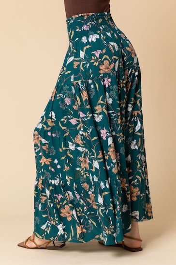 Roman Green Floral Shirred Waist Maxi Skirt