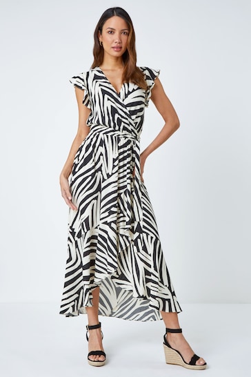 Roman Black Zebra Print Maxi Wrap Dress