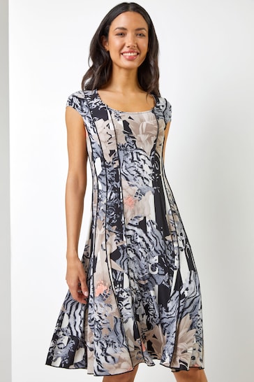 Roman Black/Grey Abstract Floral Print Panel Dress