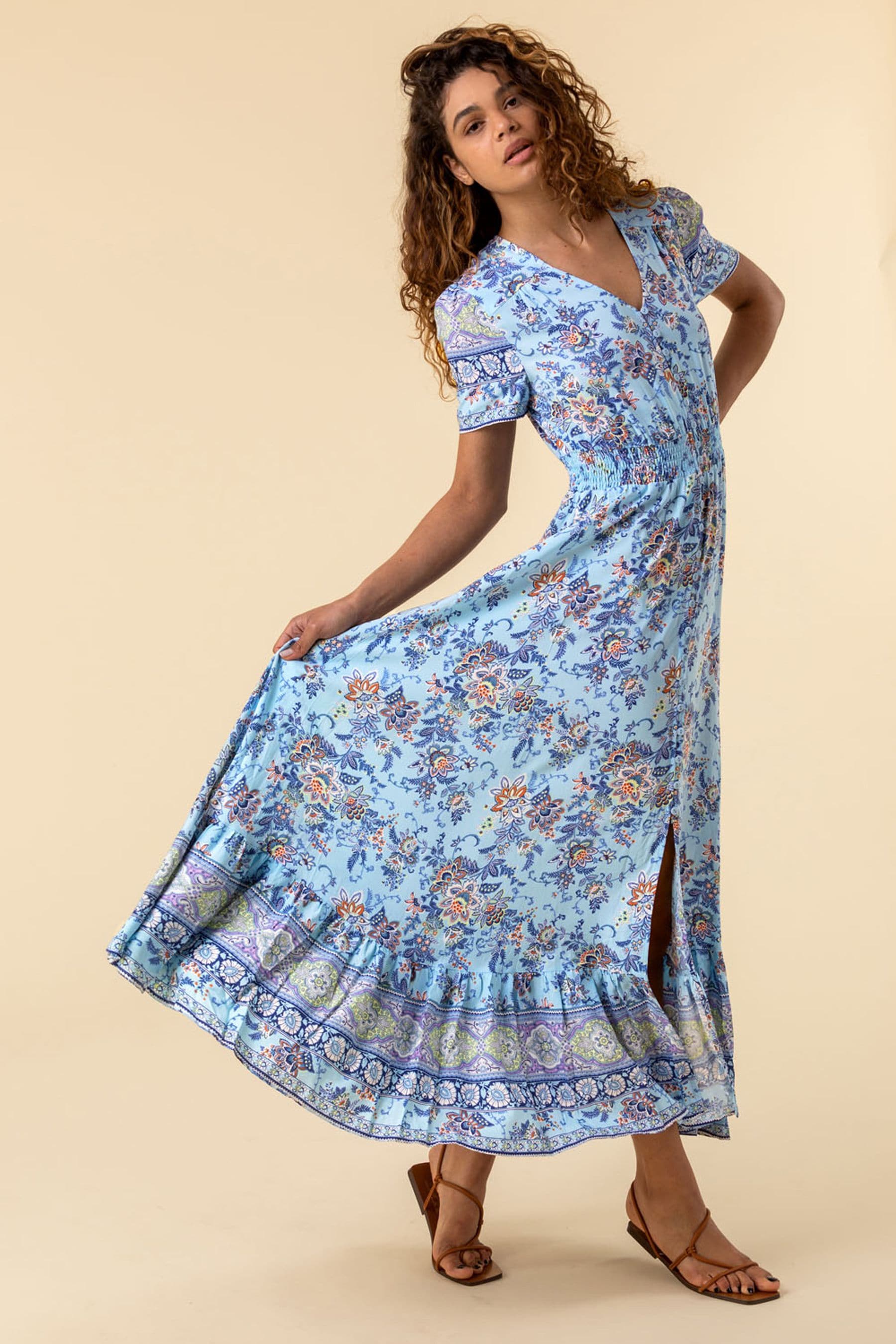 Roman Blue Button Through Floral Maxi Dress