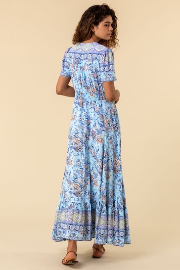 Roman Blue Button Through Floral Maxi Dress