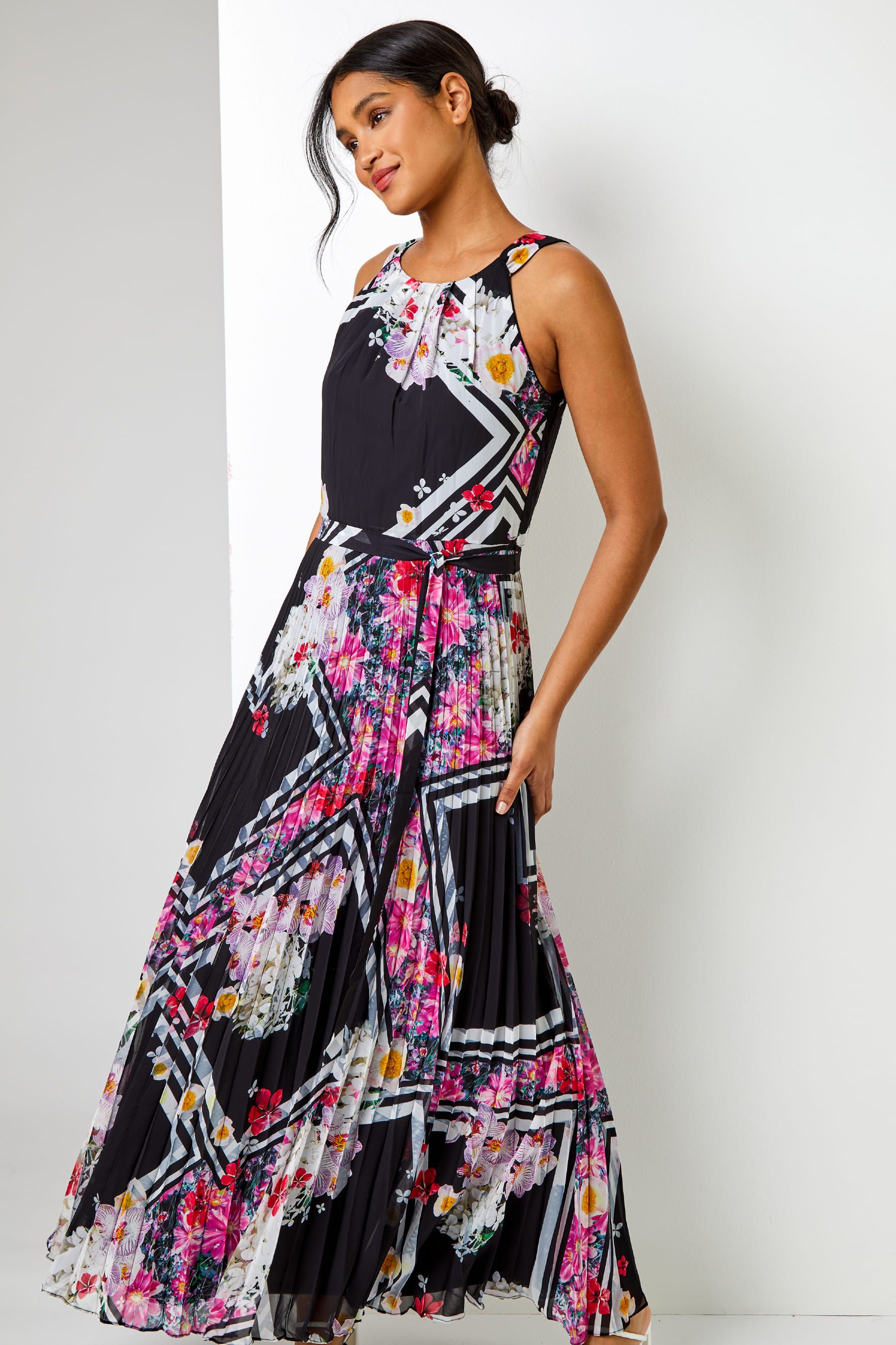 Buy Roman Black Floral Border Print Pleated Maxi Dress from the Next UK online shop