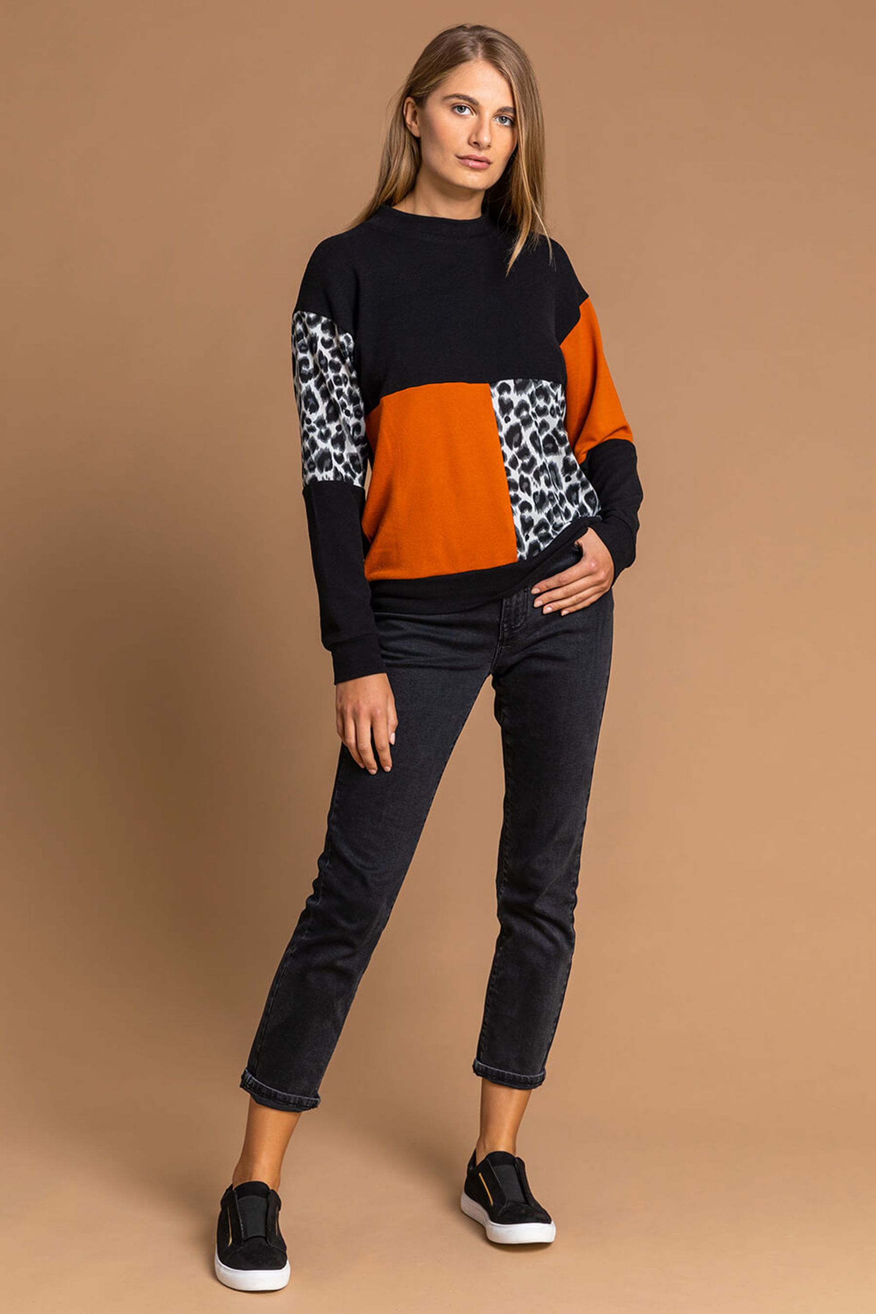 Roman Orange High Neck Animal Print Jumper