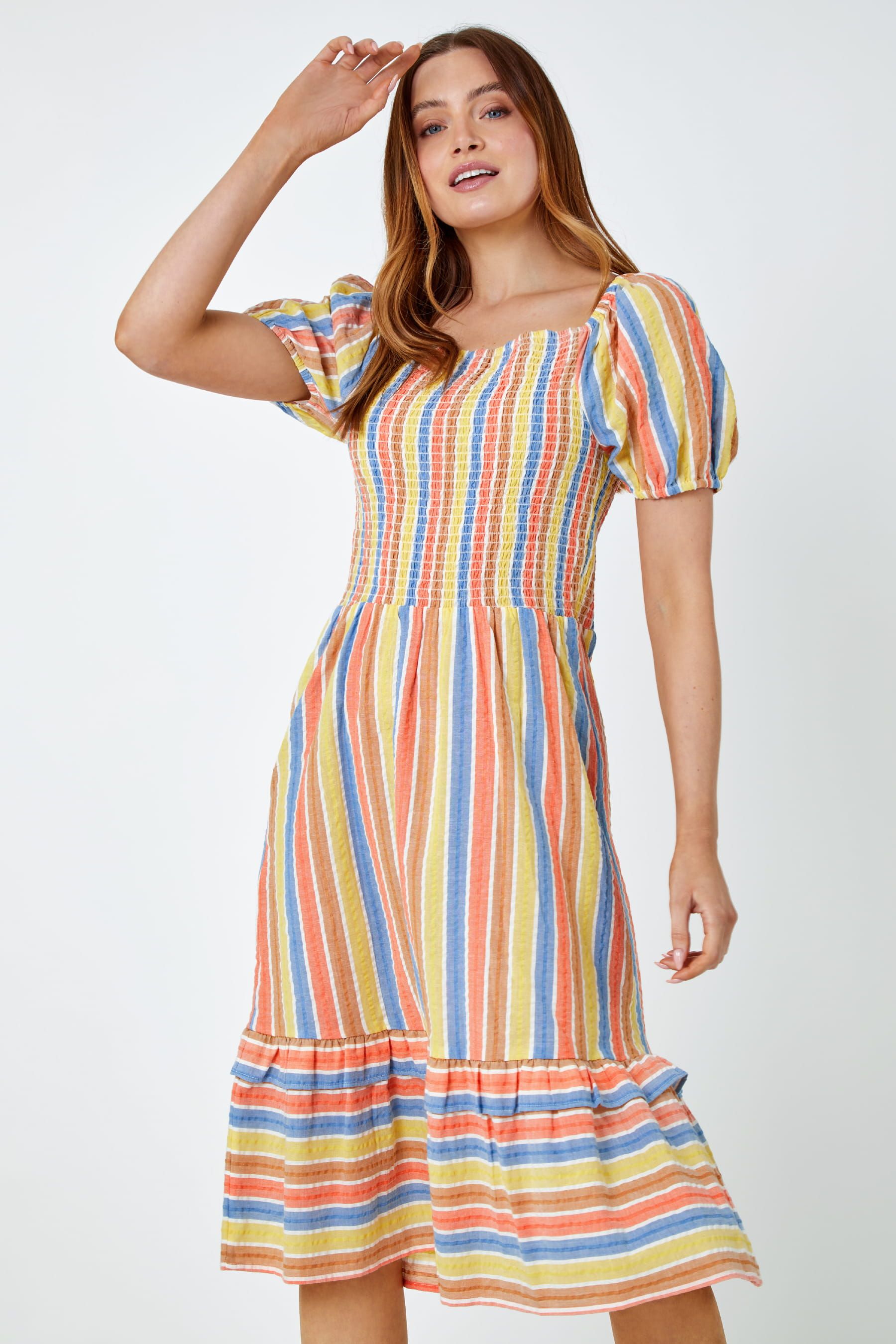 Yellow stripe midi best sale dress