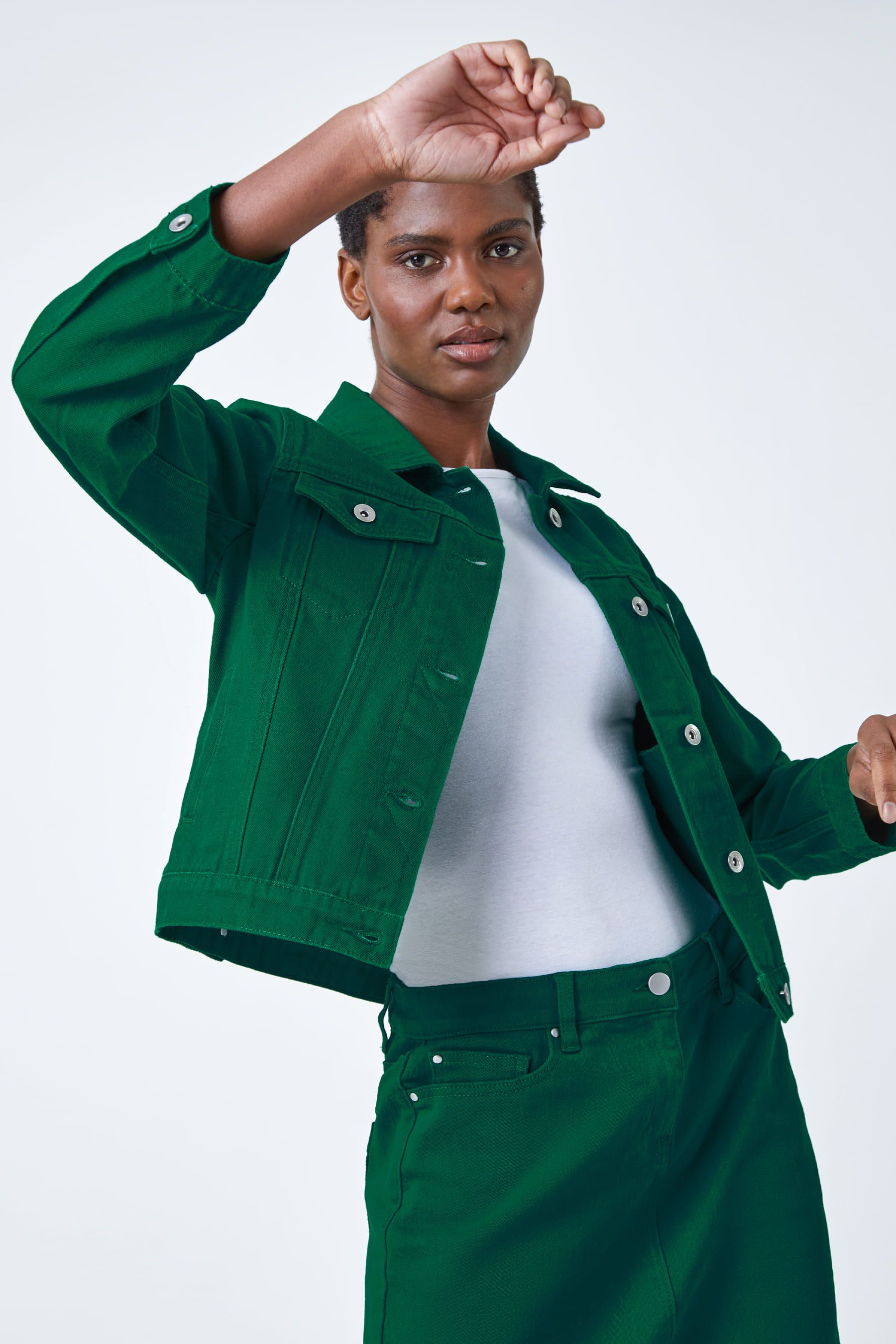 Dark green denim jacket womens store