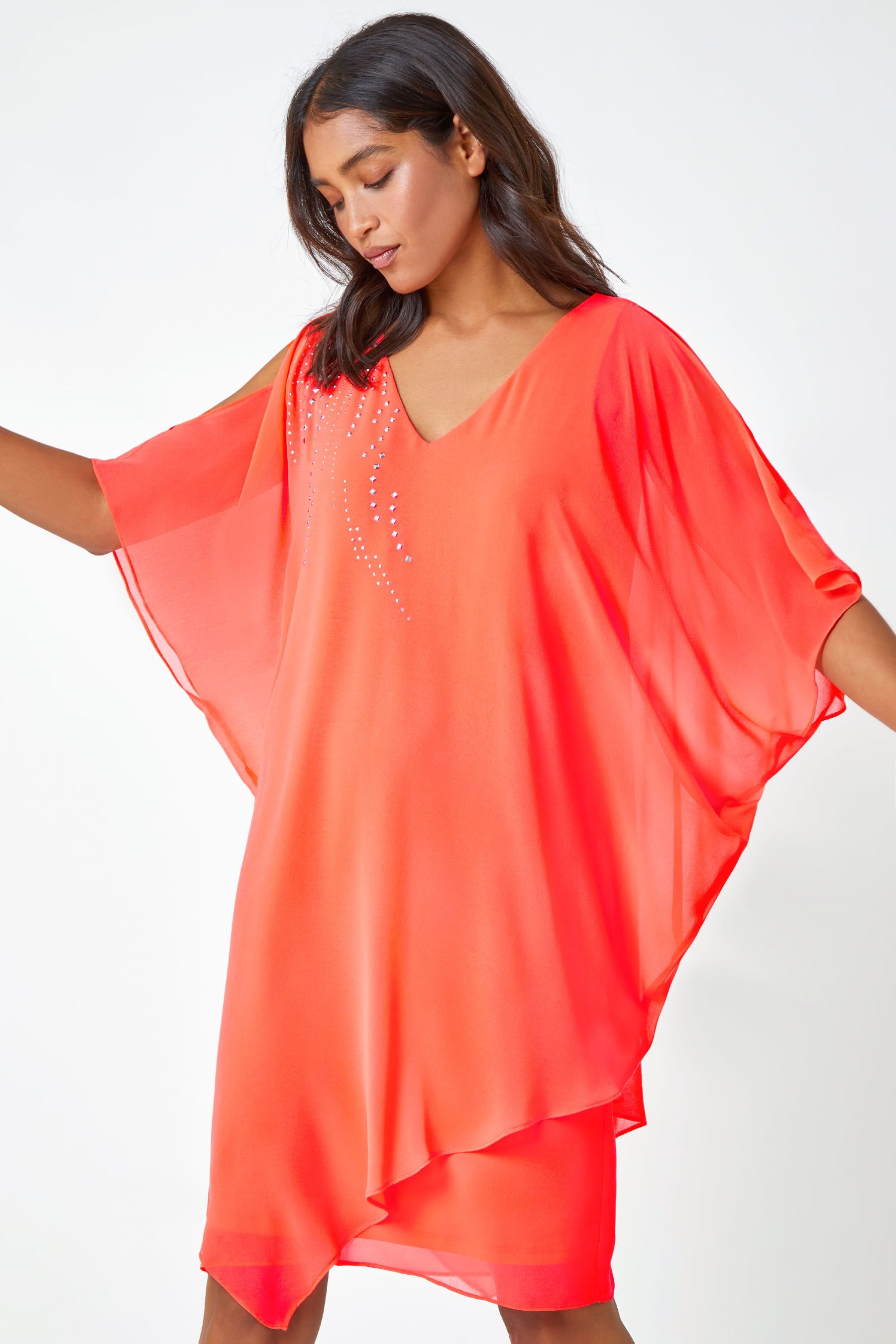 Buy Roman Orange Embellished Cold Shoulder Overlay Dress from the