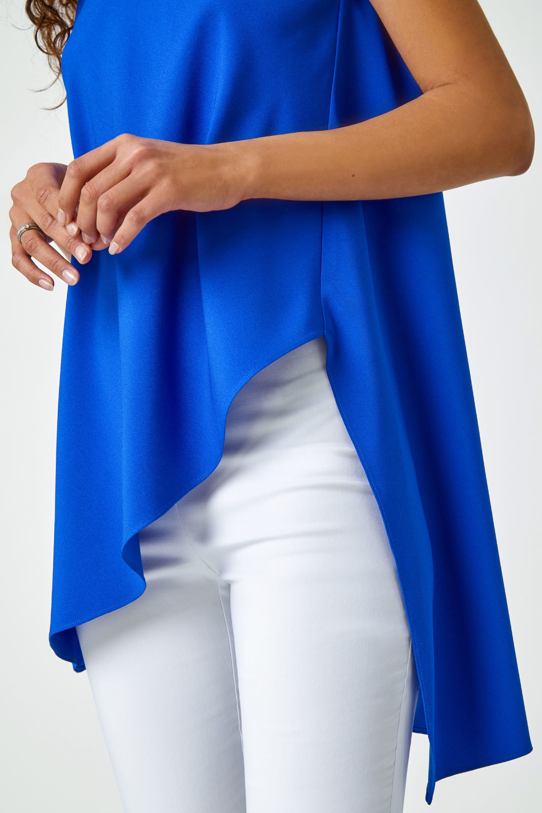 Buy Roman Blue Sleeveless Satin Contrast Asymmetric Top from the
