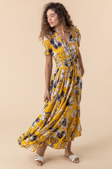 Roman Yellow Floral Print Shirred Waist Maxi Dress