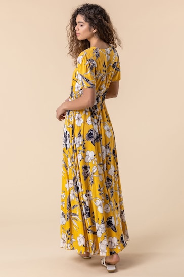 Roman Yellow Floral Print Shirred Waist Maxi Dress