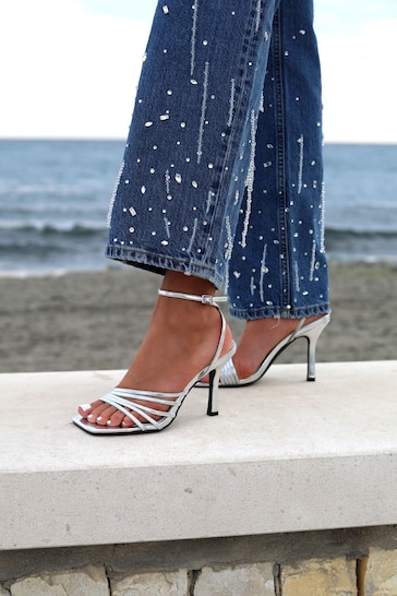Linzi Silver Phoebe Open Toe Strappy Stiletto Heeled Sandals