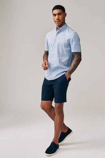 Blue 100% Cotton Textured Trimmed Short Sleeve Shirt