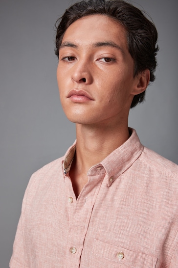 Pink Standard Collar Linen Blend Short Sleeve Shirt