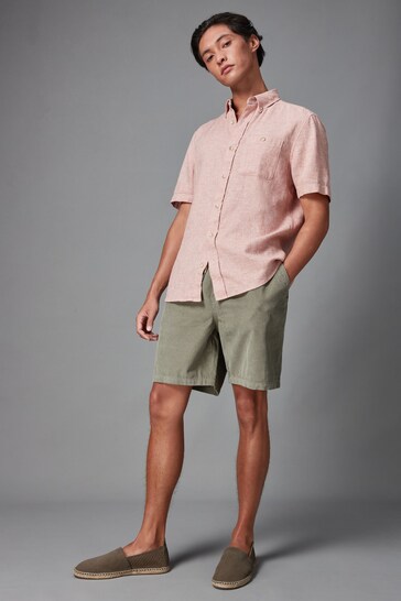 Pink Standard Collar Linen Blend Short Sleeve Shirt