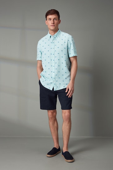 Green Linen Blend Printed Short Sleeve Shirt