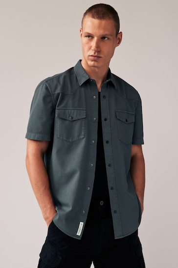 Grey Textured Short Sleeve Western Shirt