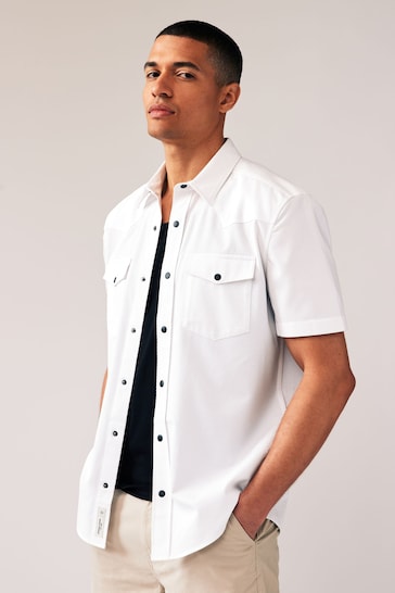 White Textured Short Sleeve Western Shirt