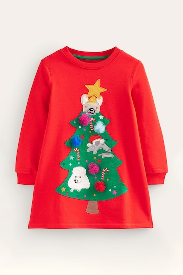 Boden Red Cosy Christmas Tree Appliqués Sweatshirt Dress
