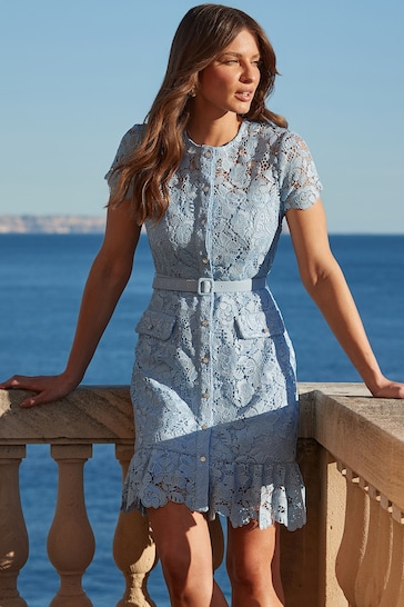 Sosandar Blue Lace Ruffle Hem Dress With Embellished Buttons