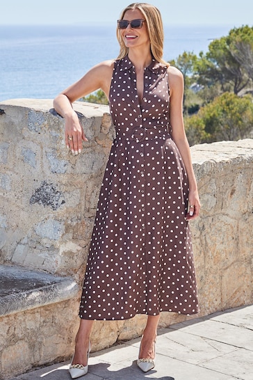 Sosandar Brown Spot Print Linen Blend Midi Shirt Dress