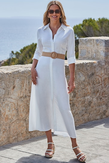 Sosandar White Linen Midi Shirt Dress