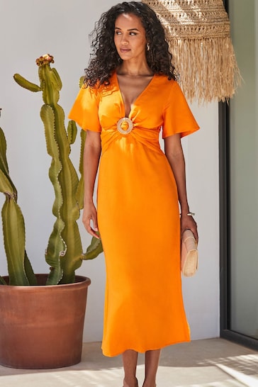 Sosandar Orange Linen Blend Angel Sleeve Midi Dress