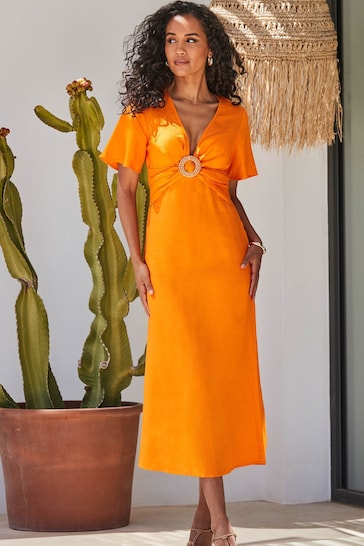 Sosandar Orange Linen Blend Angel Sleeve Midi Dress