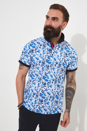 Joe Browns Blue Contrast Collar Floral Print Short Sleeve Polo Shirt