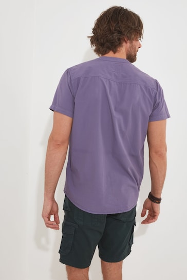 Joe Browns Purple Embroidered Pocket Grandad Collar Short Sleeve Shirt