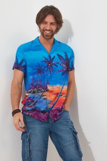 Joe Browns Blue Hawaiian Palm Sunset Short Sleeve Open Flat Collar Shirt
