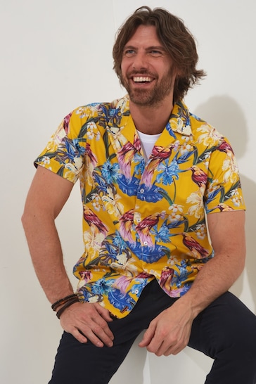 Joe Browns Yellow Tropical Bird Print Short Sleeve Open Flat Collar Shirt