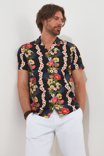 Joe Browns Black Retro Tropical Floral Print Short Sleeve Open Flat Collar Shirt
