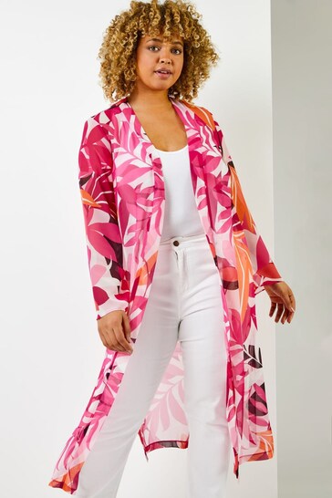 Roman Pink Curve Tropical Print Longline Kimono
