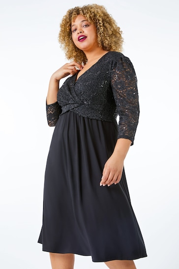 Roman Black Sequin Lace Contrast Wrap Dress