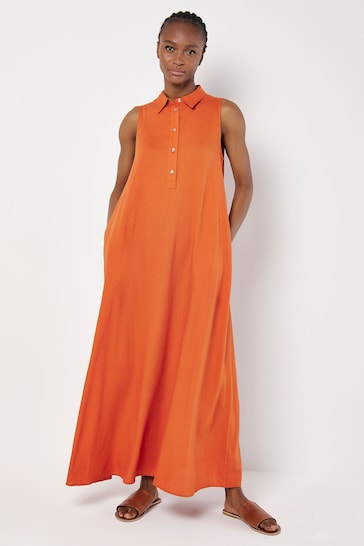 Apricot Orange Linen Blend Shirt Maxi Dress