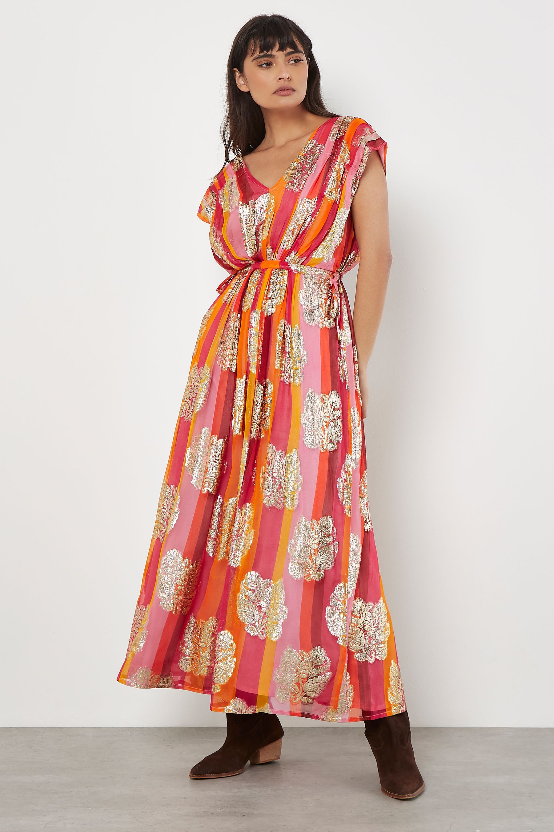 Apricot Pink Metallic Leaf Stripe Kimono Maxi Dress