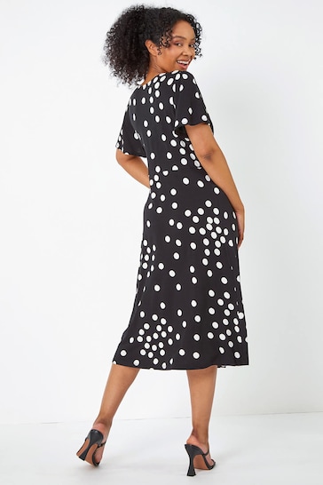 Roman Black Petite Polka Dot Stretch Midi Dress