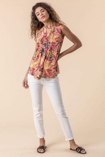 Roman Orange Tropical Burnout Button Detail Top