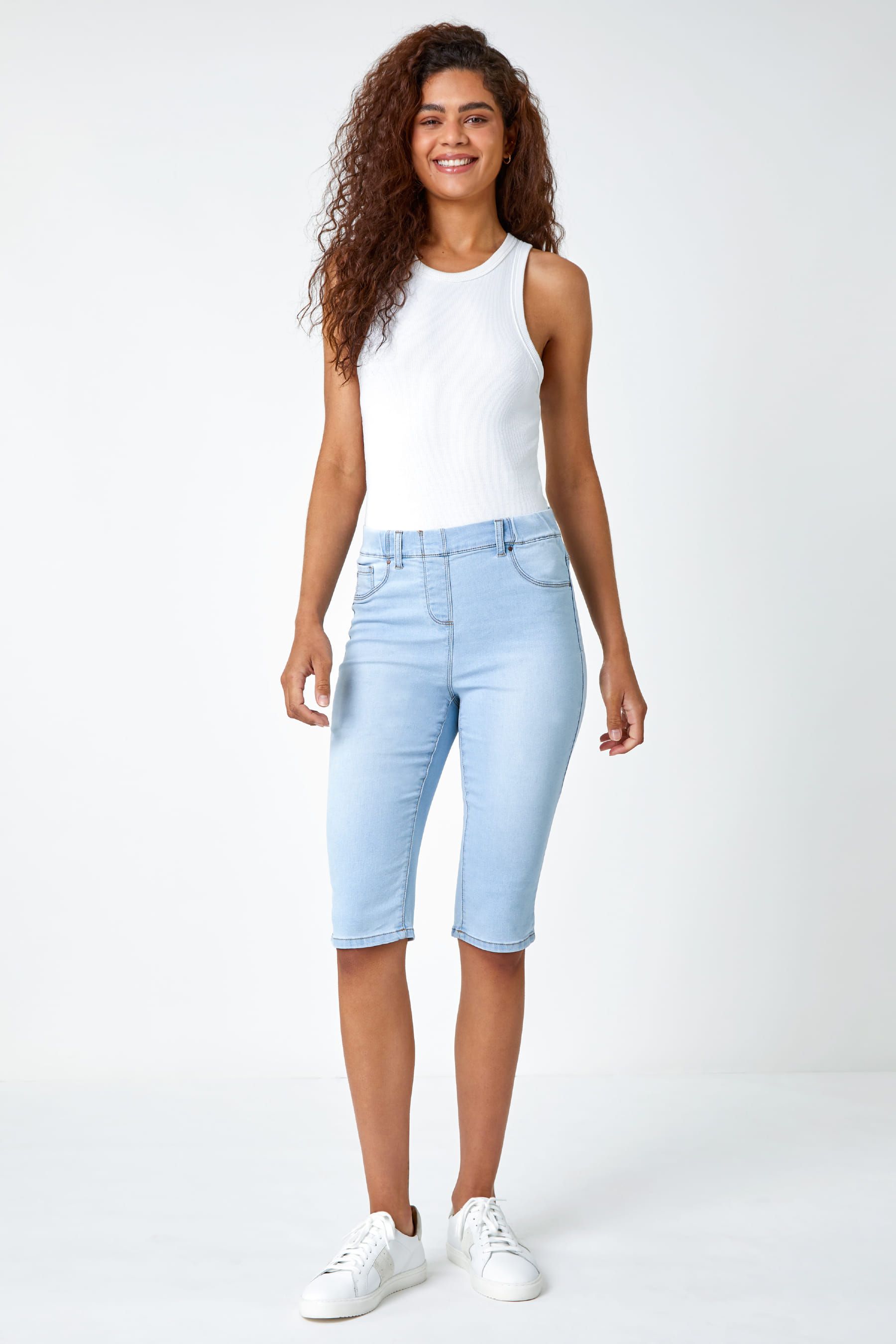 Roman Light Blue Denim Stretch Knee Length Pedal Pusher Jeans